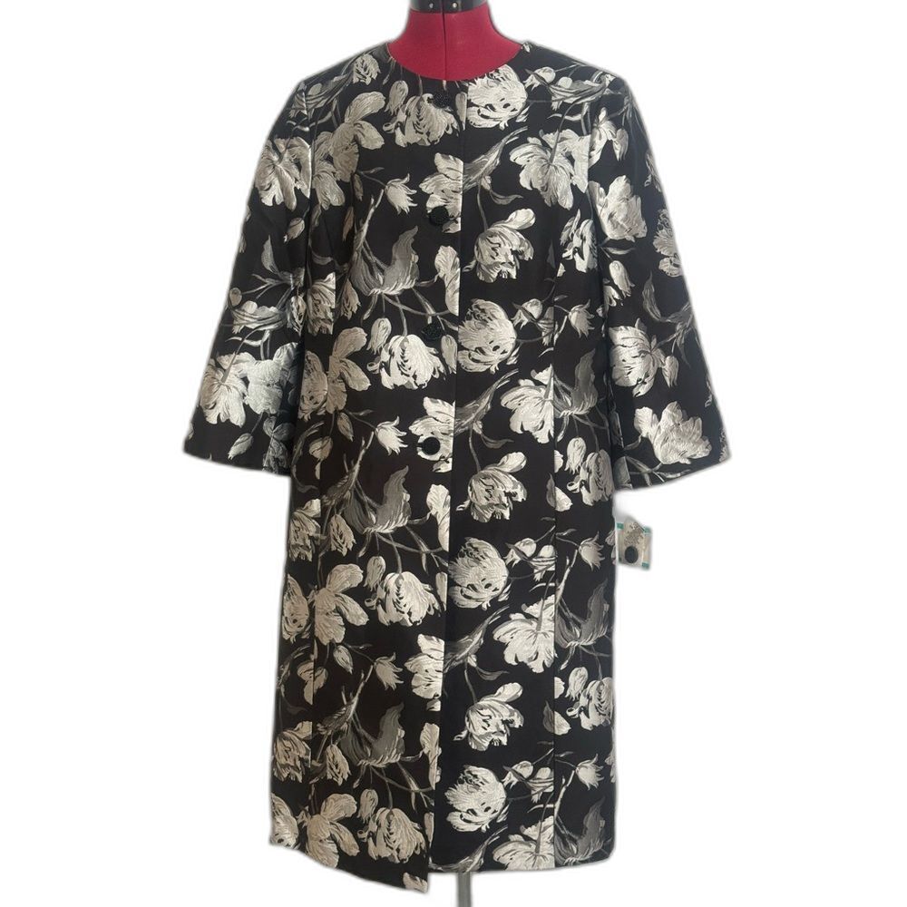 Kasper Black, silver and Ivory Floral topper Coat